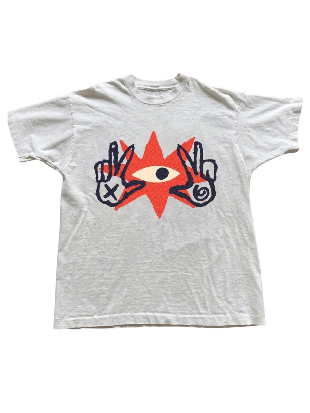 Gildan White Graphic Tee with Red Star & Navy Eye Design